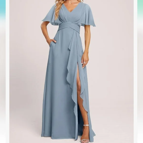 NWOT Deamify dusty blue flutter sleeve bridesmaid dress - Picture 1 of 7